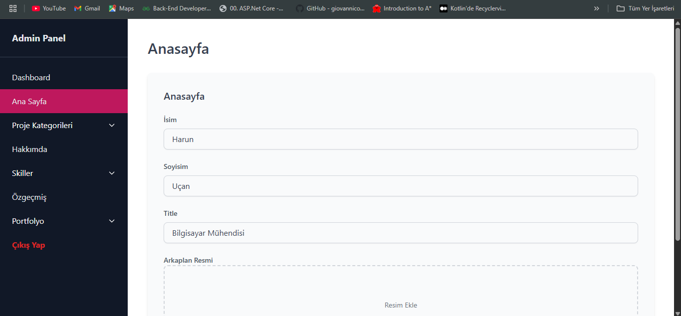 Portfolyo Sitesi (.NET Core MVC + Web Api)