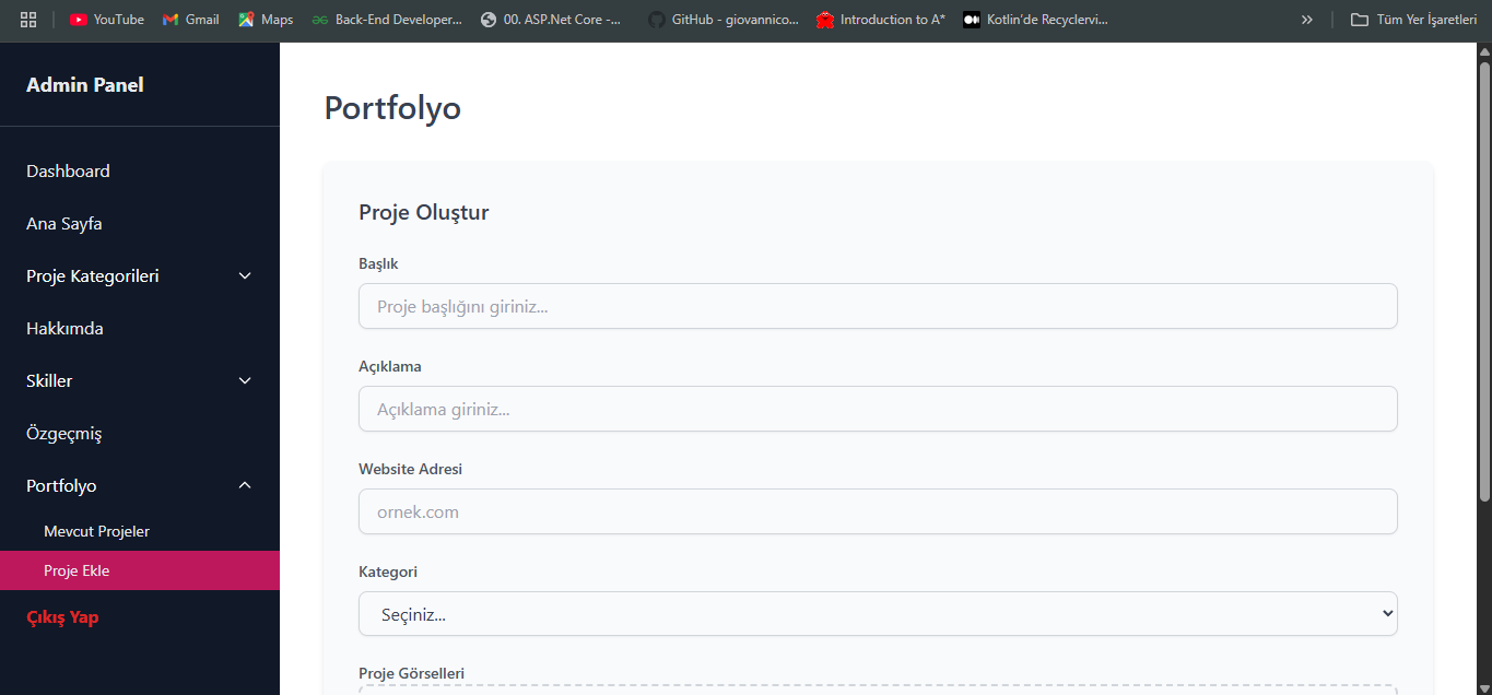 Portfolyo Sitesi (.NET Core MVC + Web Api)