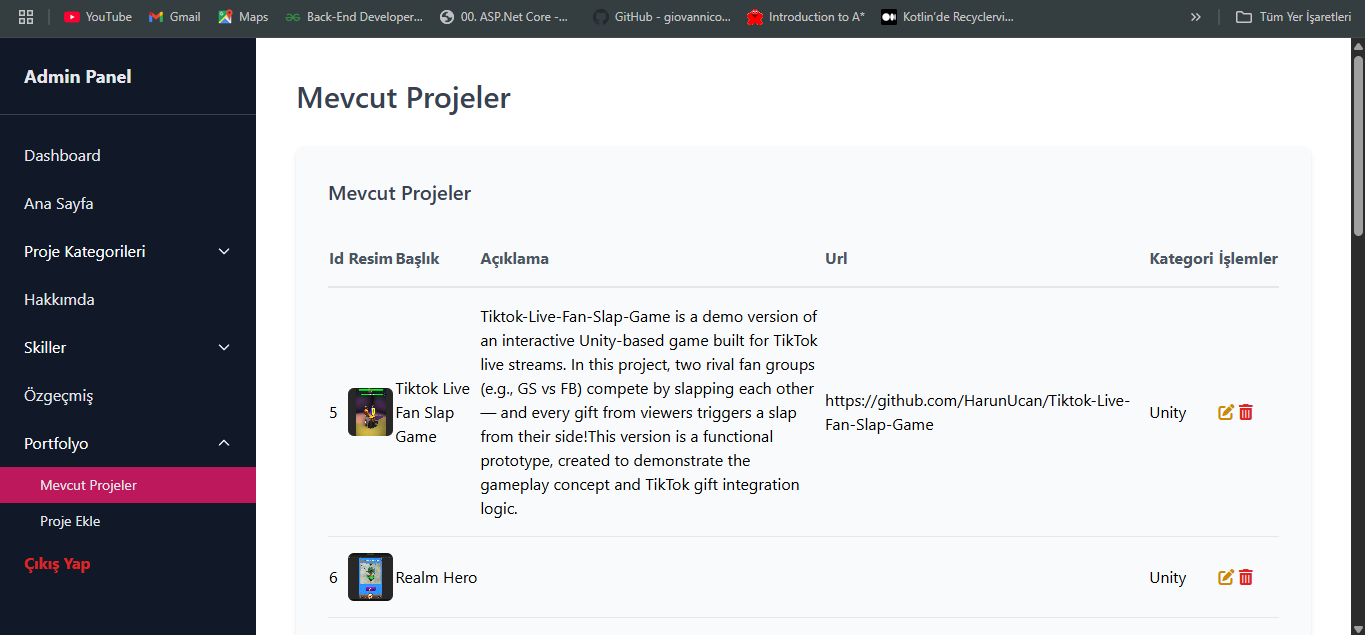 Portfolyo Sitesi (.NET Core MVC + Web Api)
