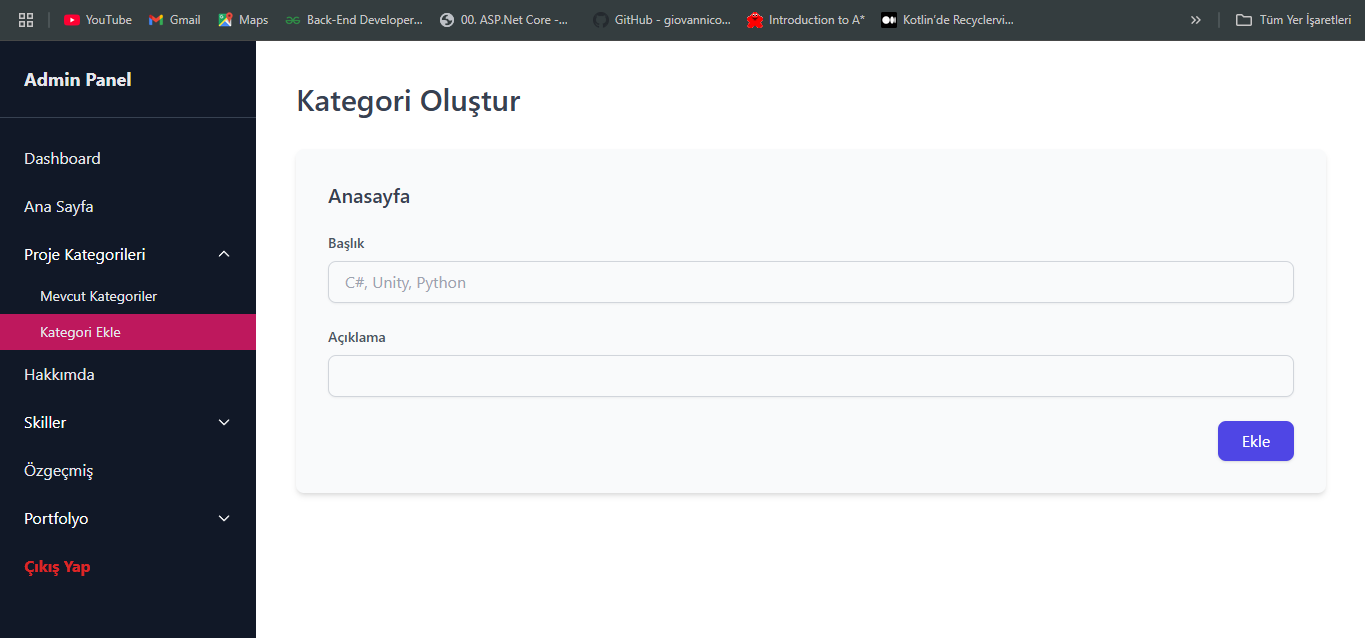 Portfolyo Sitesi (.NET Core MVC + Web Api)